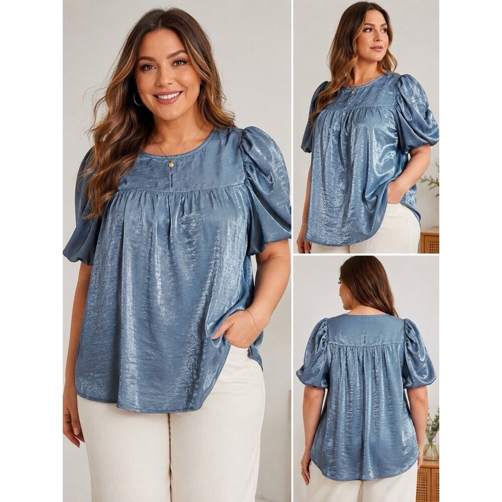 Blousology Blue Shimmer Puff Sleeve Babydoll Blouse Women’s 1X Satin Top